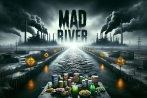 DALL┬╖E 2024-01-11 15.24.14 - Construct a chilling, wide-format movie poster for the documentary 'MAD RIVER'. The poster should be designed with a dystopian feel, featuring a dark,